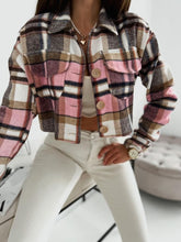 Pocketed Collared Neck Long Sleeve Plaid Jacket OutfitFlow
